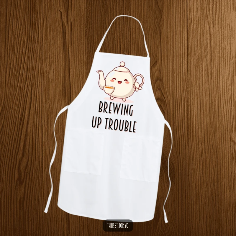 Funny Teapot Sleeve Apron: Cheerful teapot character pouring imaginary tea, a humorous and practical kitchen accessory.