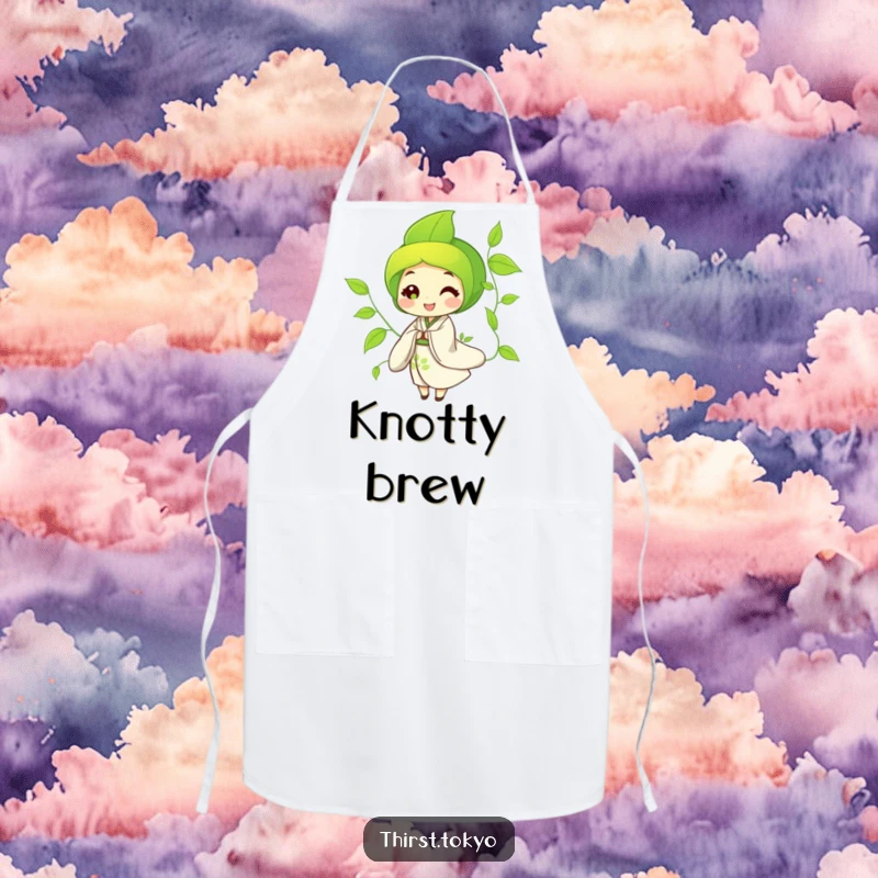 Funny Apron depicting a green tea leaf character in a flowing kimono, ready to cook with a serene yet humorous expression.