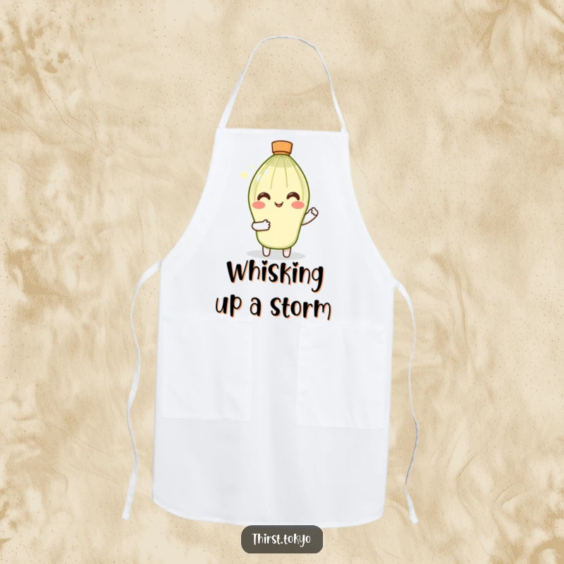Funny Matcha Whisk Apron: Smiling character with tiny sleeves gently stirring, a humorous and practical kitchen accessory.