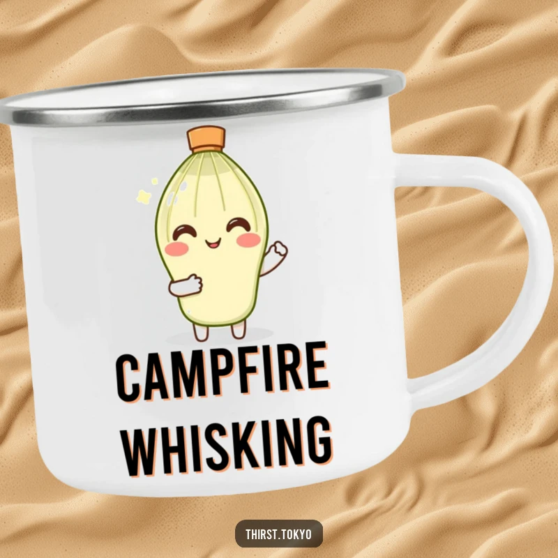 Funny Matcha Whisk Camping Mug: Smiling whisk character in tiny sleeves gently stirring, a durable and humorous camping cup.
