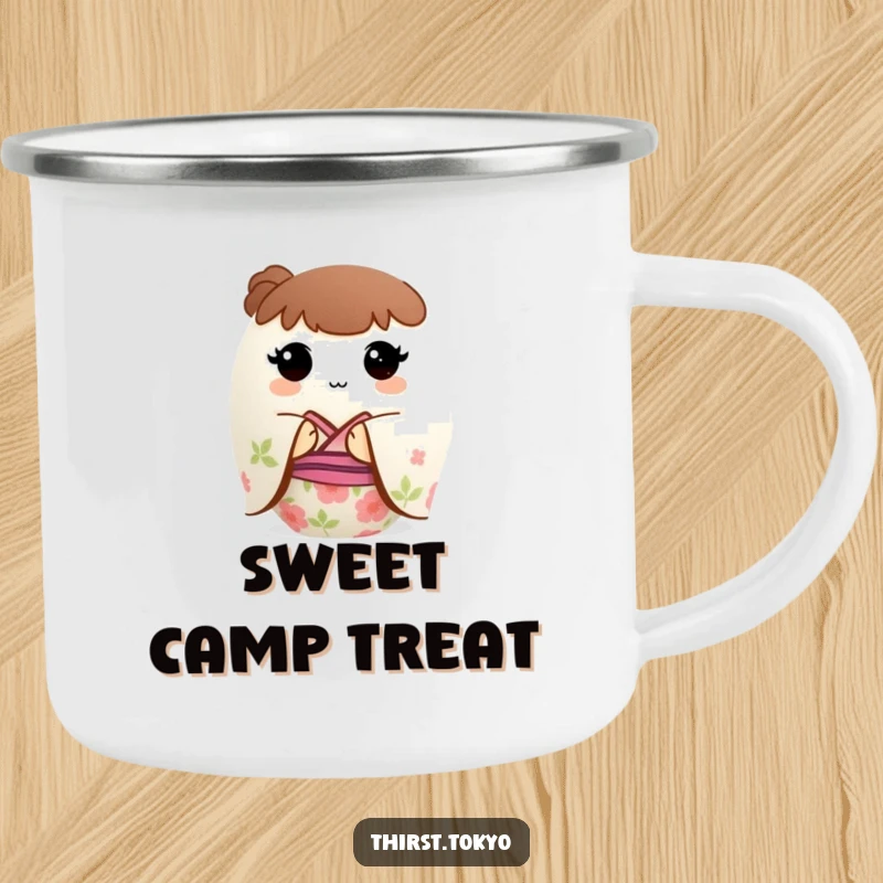 Funny Mochi Kimono Camping Mug: A round mochi ball wearing a floral kimono, a durable and humorous camping cup.