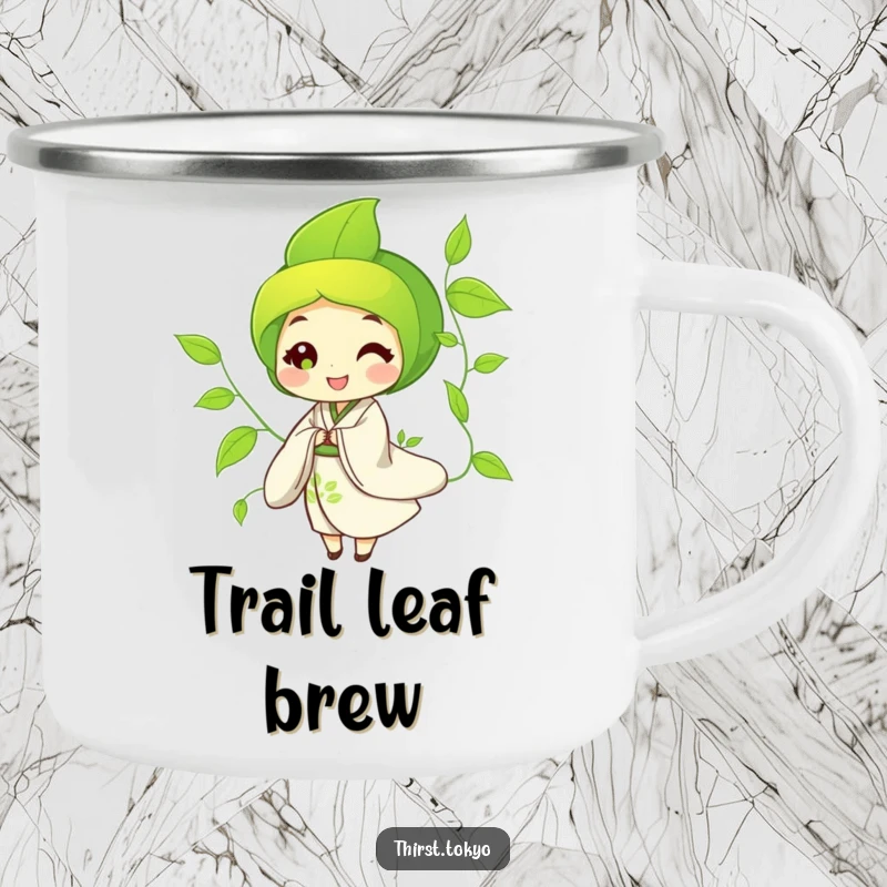 Funny Camping Mug featuring a happy green tea leaf character in a flowing kimono, swaying gently, perfect for outdoor sipping.