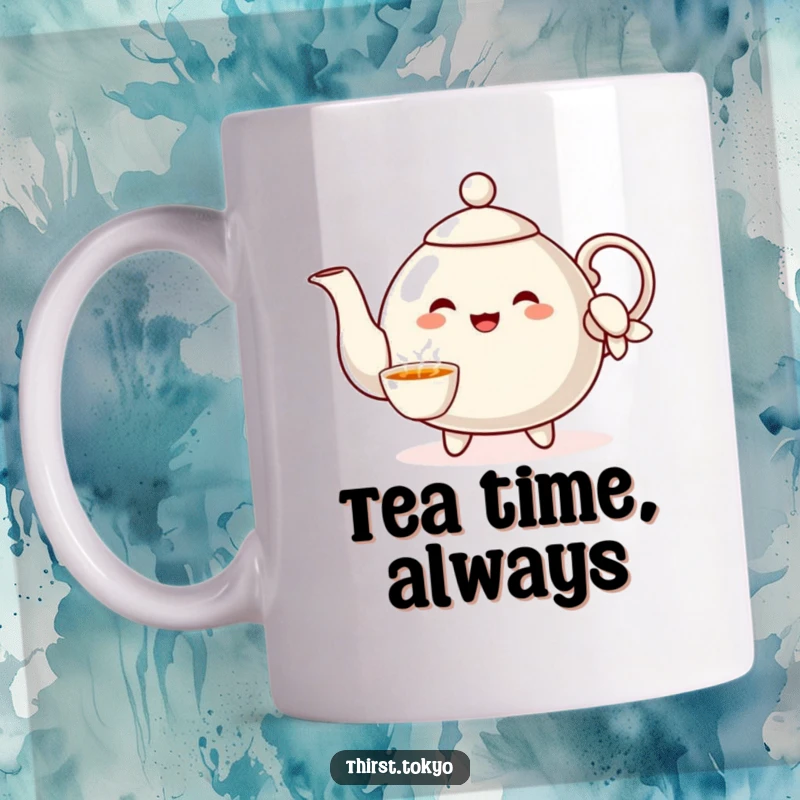 Funny Teapot Sleeve Mug: Cheerful teapot character in an elegant sleeve pouring imaginary tea, a humorous and charming cup.