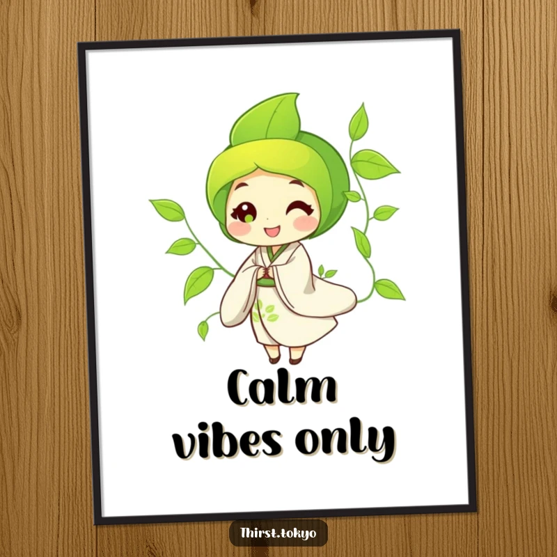 Funny Digital Art Print of a happy green tea leaf character in a flowing kimono, swaying gently, adding artistic humor.
