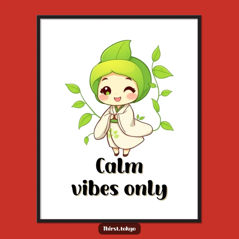 Funny Green Tea Kimono Digital Print - Artistic Leaf Character, Zen Decor