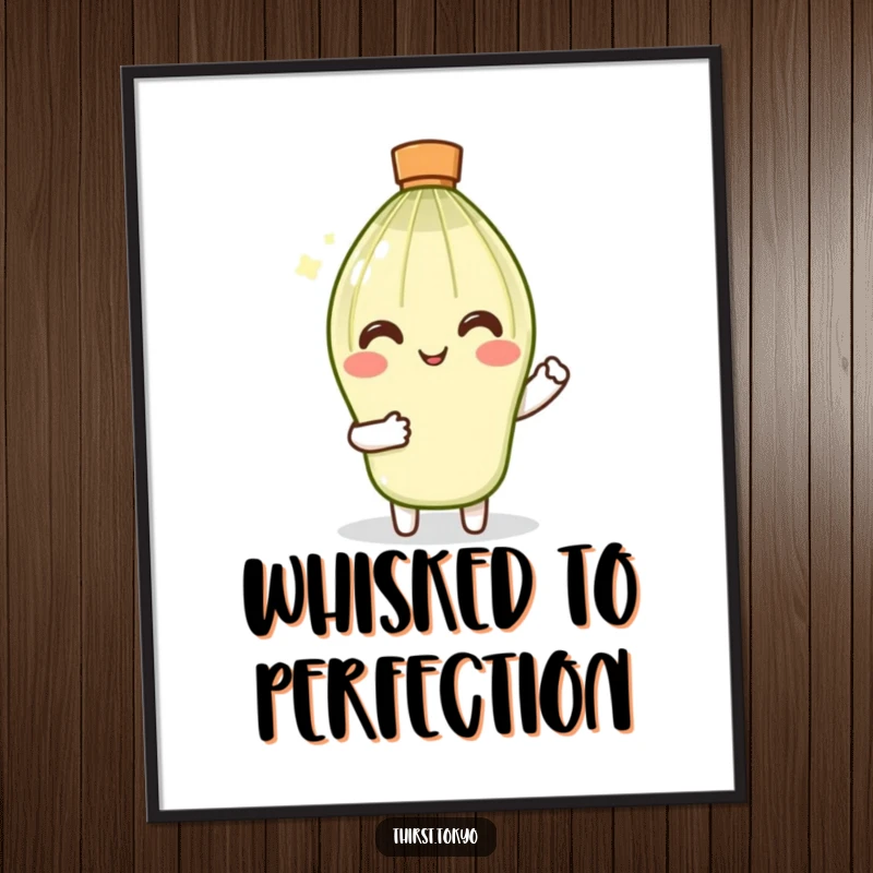 Funny Matcha Whisk Digital Art: Smiling whisk character in tiny sleeves gently stirring, a high-resolution humorous illustration.