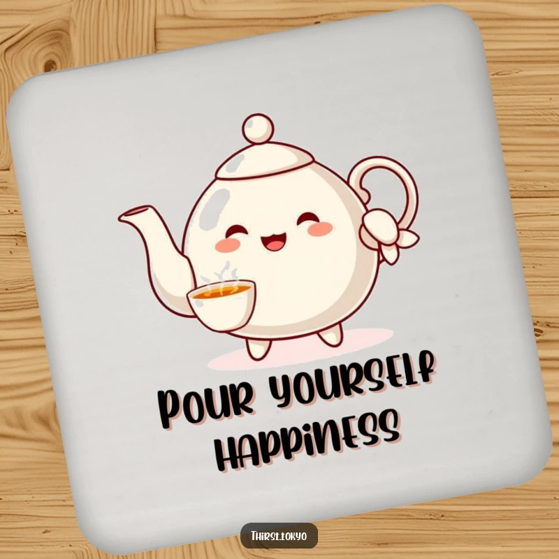 Funny Teapot Sleeve Coaster: Cheerful teapot character pouring imaginary tea, a humorous and protective drink mat.