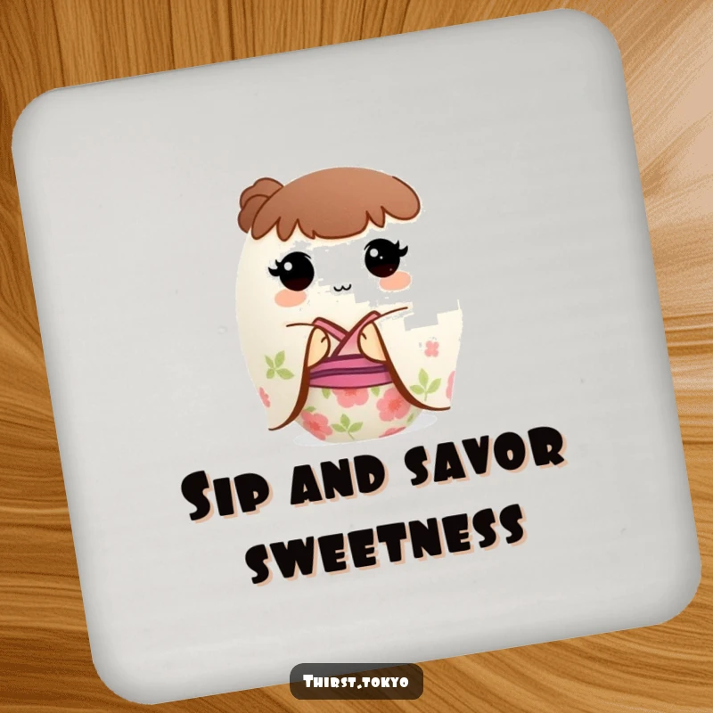 Funny Mochi Kimono Coaster: A round mochi ball in a floral kimono, a humorous and protective drink mat.