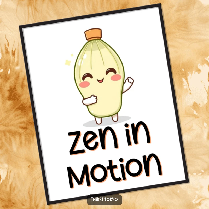 Funny Matcha Whisk Poster: Smiling whisk character in tiny sleeves gently stirring, a humorous and calming wall art.