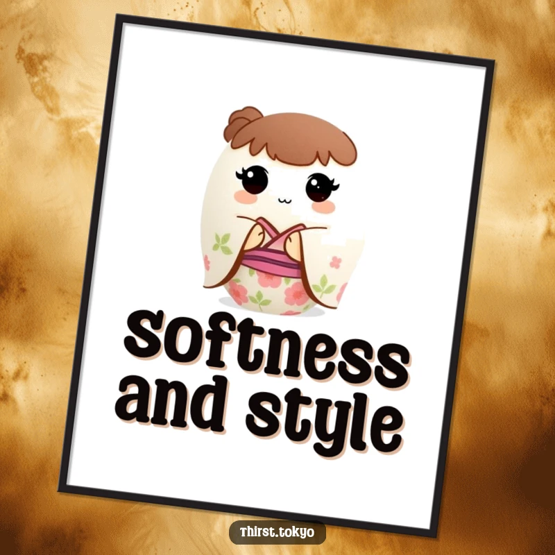 Funny Mochi Kimono Poster: A small, round mochi ball wearing a beautiful floral kimono, a charming and humorous wall art.