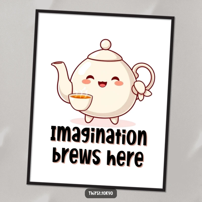 Funny Teapot Sleeve Poster: Cheerful teapot character with an elegant sleeve pouring imaginary tea, a humorous and whimsical wall art.