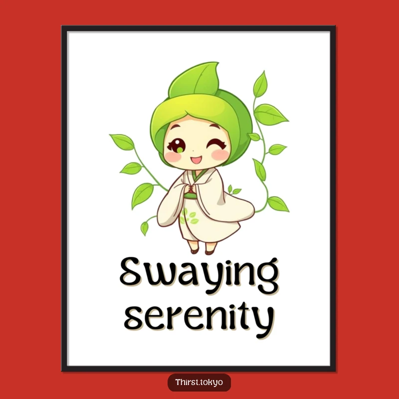 Funny Green Tea Kimono Poster - Artistic Leaf Character, Zen Wall Art