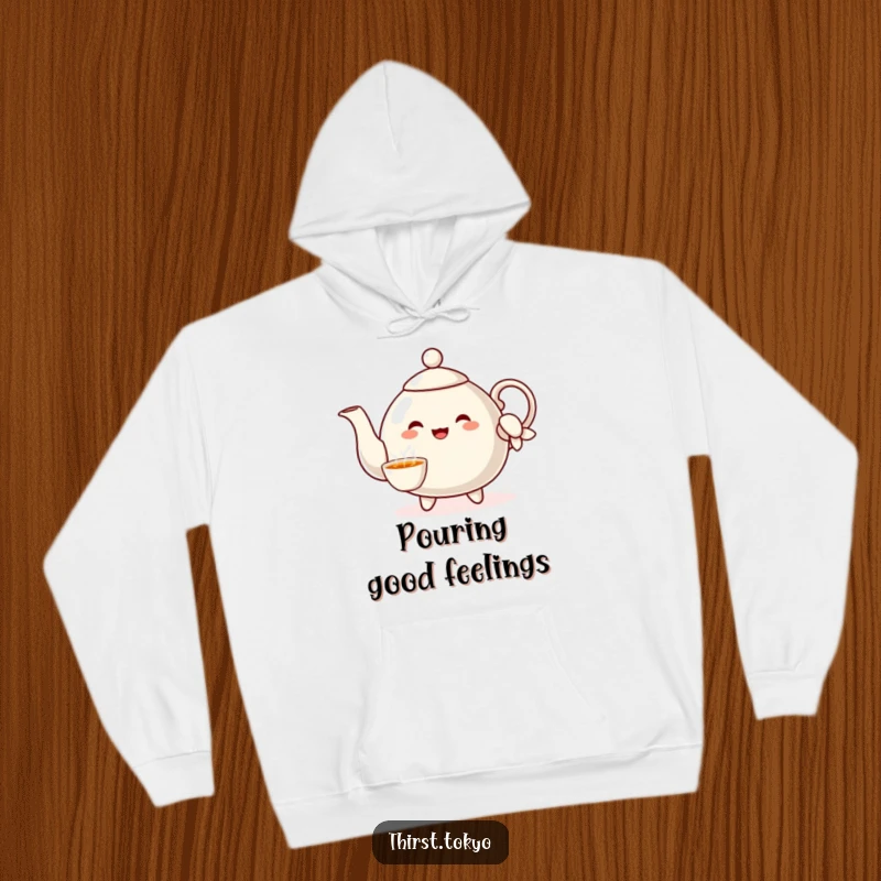 Funny Teapot Sleeve Hoodie: Cheerful teapot character in an elegant sleeve pouring imaginary tea, offering cozy and humorous comfort.