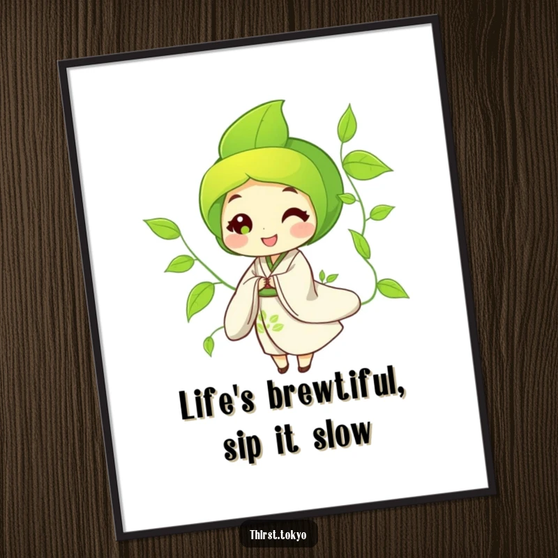 Funny Free Printable Wall Art: Happy green tea leaf character in a flowing kimono, swaying gently, creating a serene and downloadable decor piece.