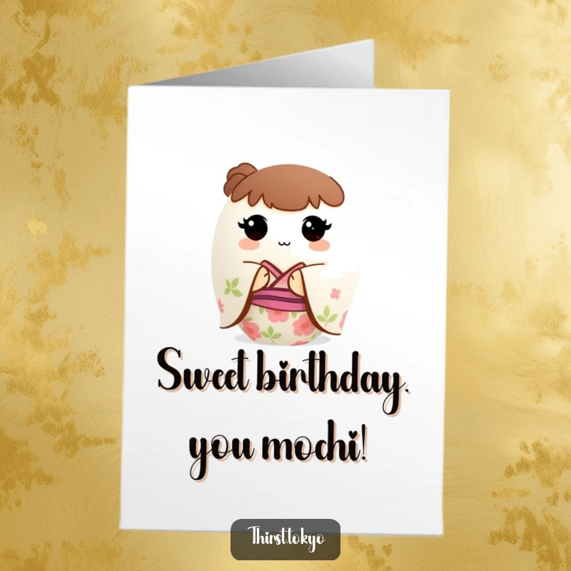 Funny Free Printable Birthday Card of a small, round mochi ball dressed in a beautifully detailed floral kimono.