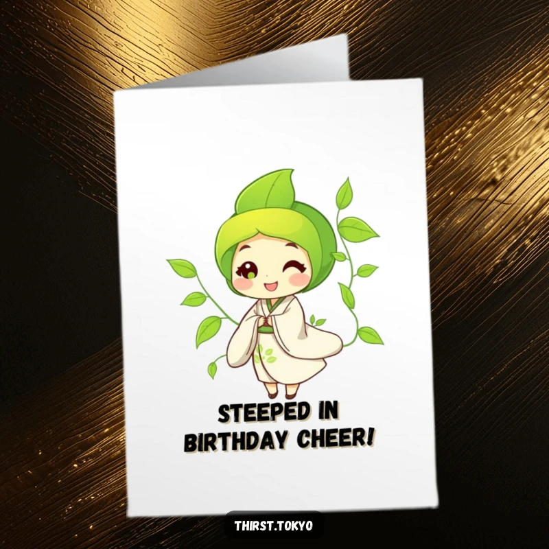 Funny Free Printable Birthday Card: Happy green tea leaf in a kimono smiling serenely, perfect for a peaceful DIY gift.