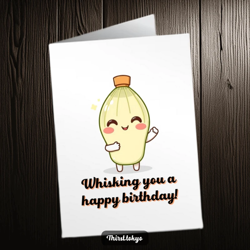 Funny Free Printable Birthday Card of a smiling matcha whisk character with tiny sleeves, gently stirring with a calm expression.