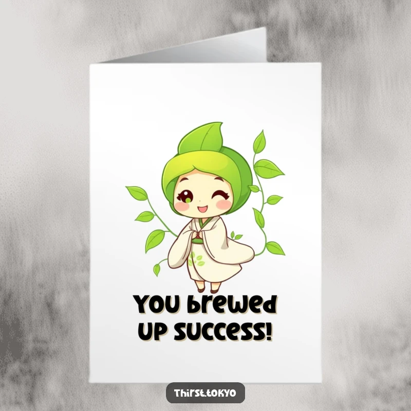 Funny Free Printable Congratulations Card: Joyful green tea leaf in a kimono presenting good news, a sophisticated and downloadable gift.