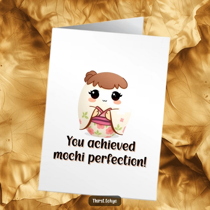 Funny Free Printable Congratulations Card featuring a small, round mochi ball elegantly dressed in a vibrant floral kimono.