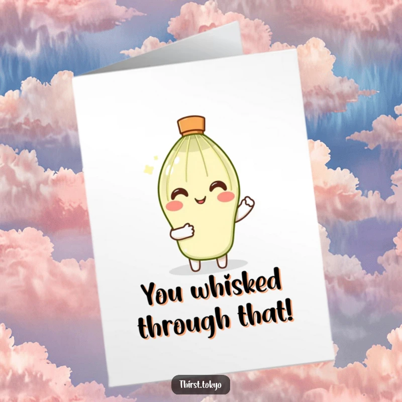 Funny Free Printable Congratulations Card featuring a smiling matcha whisk in tiny sleeves, performing a gentle, calming stir.