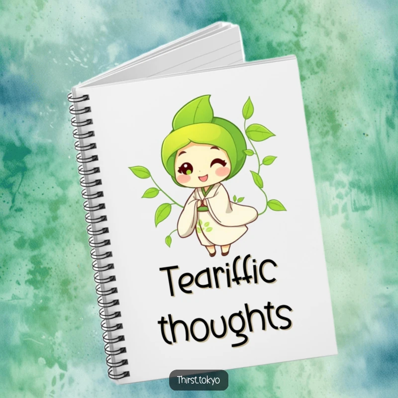 Funny Notebook with a green tea leaf character in a flowing kimono, swaying gently, inspiring calm and creative writing.