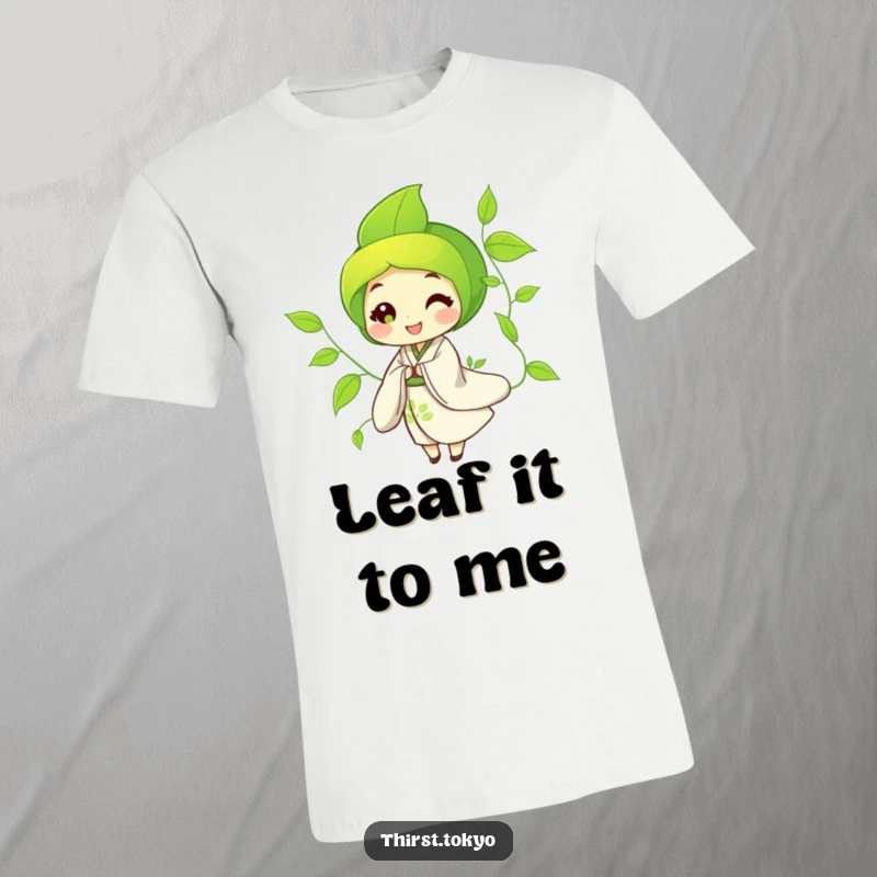 Funny T-Shirt showcasing a smiling green tea leaf character in a flowing kimono, depicted in a gentle swaying motion.