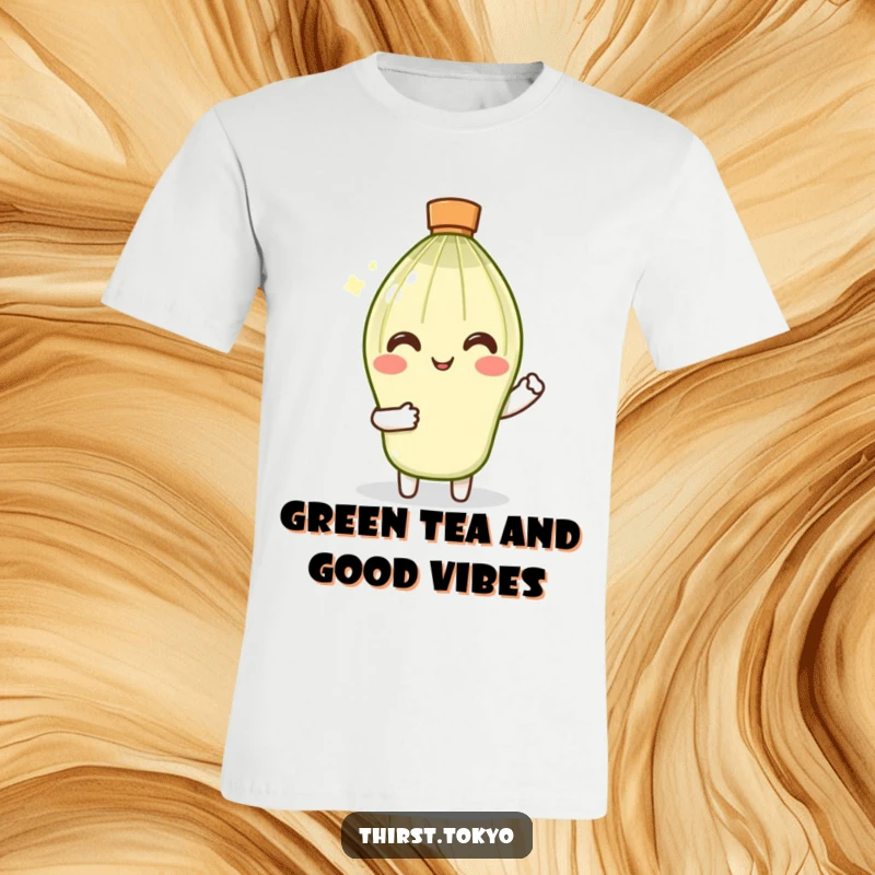 Funny Matcha Whisk T-Shirt: Smiling character with tiny sleeves performing a gentle stir, a humorous design for tea enthusiasts.